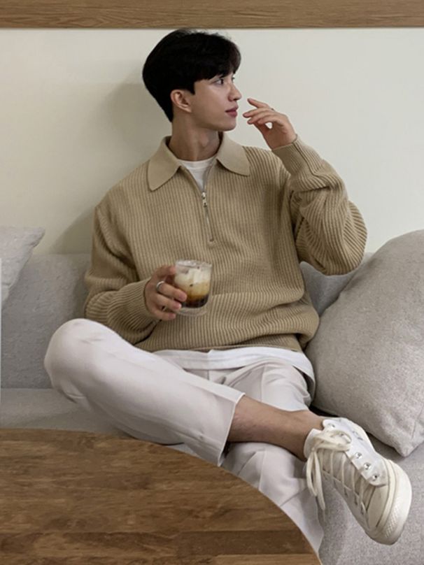 Simple Long Sleeved Polo Collar Sweater For Men In Autumn, Trendy And Casual, Solid Color Knitted Top, Lapel, Half_viptrois.com