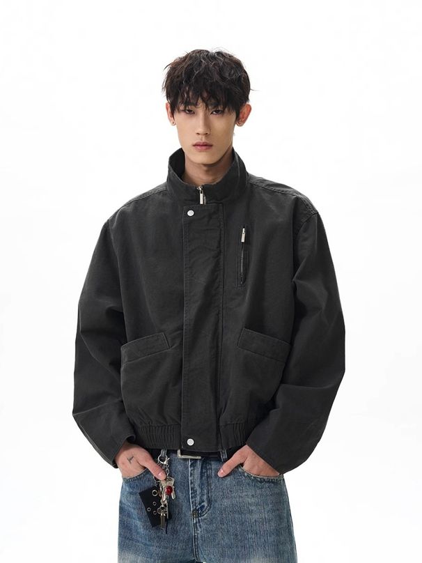 Men's Clothing American Retro Washed Distressed Canvas Stand Collar Bomber Jacket Unisex Boxy Barn Style Work Jacket_viptrois.com