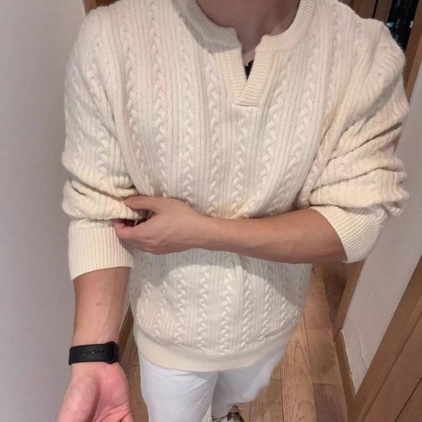 Retro Cable-Knit Sweater – Unisex Oversized Henley Pullover (90s Grunge Revival Texture)_viptrois.com