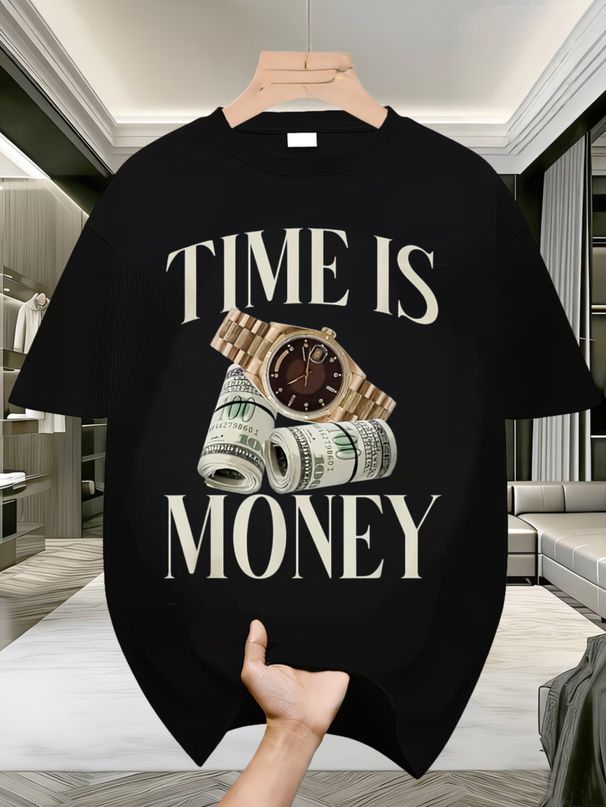 w-Casual Style Men's T-Shirt Time Is Money With Watch And Dollar Bills Graphic Summer Wear For Him Gift For Friends_viptrois.com