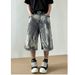 American Washed Flame Patterned Tied Denim Cropped 2025 Straight Loose Over Knee Casual Wide Leg Pants_viptrois.com