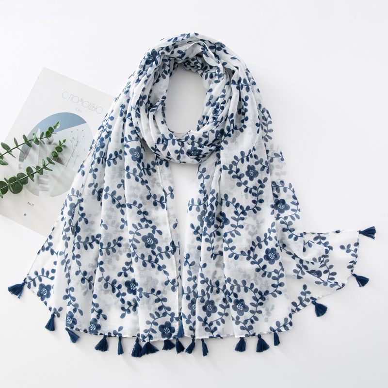 Unisex Cotton and linen thin silk scarf Women's scarf print cape Blue leaf sun fringe beach cape_viptrois.com