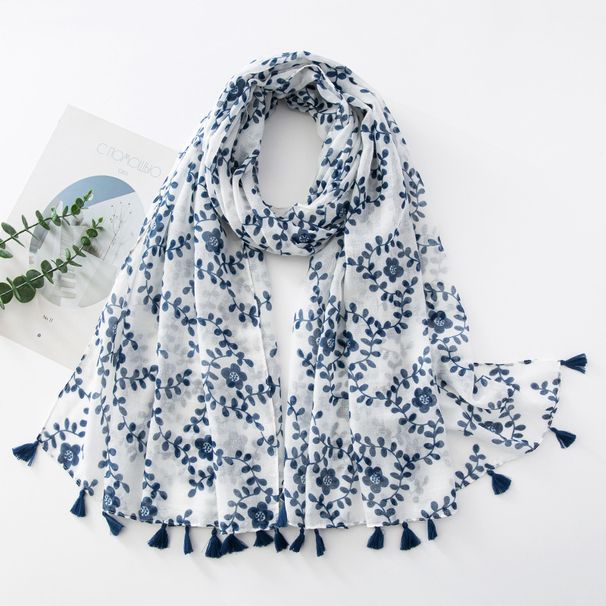 Unisex Cotton and linen thin silk scarf Women's scarf print cape Blue leaf sun fringe beach cape_viptrois.com