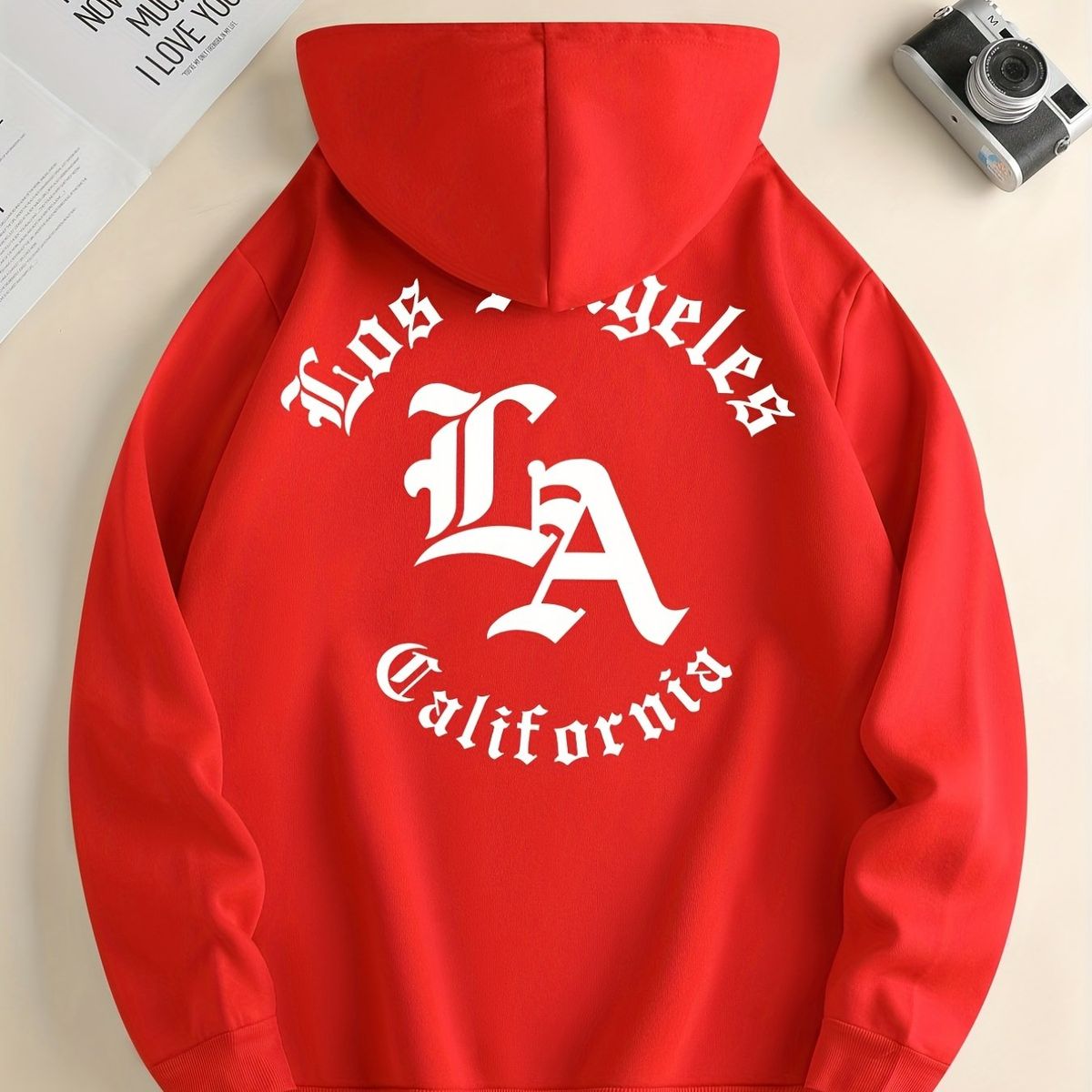 Men's Autumn And Winter Casual Fashion Loose Hooded Sweatshirt Los Angeles Letter Print Warm Long Sleeved Pullover_viptrois.com