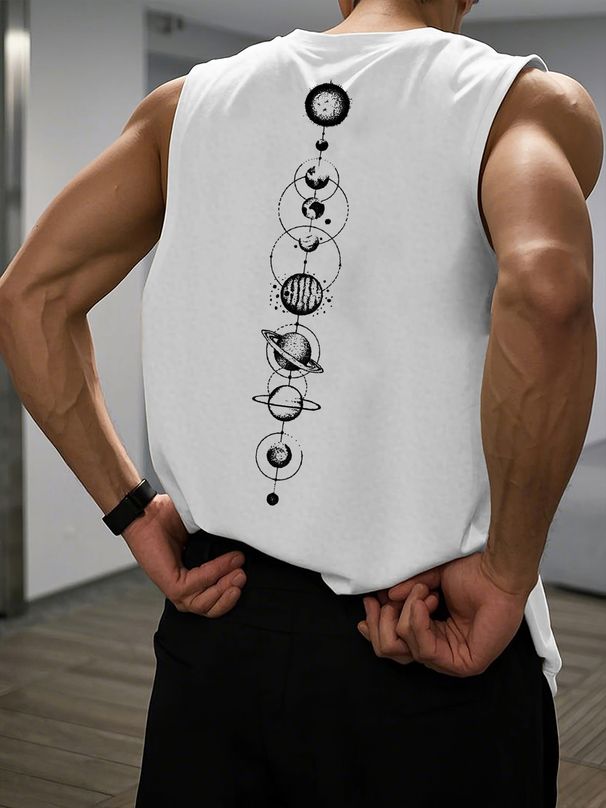 100% Pure Cotton Men's Summer Leisure Sports Fitness Loose Fit Solar System Planetary Pattern Printed Breathable Round Neck Sleeveless Vest_viptrois.com