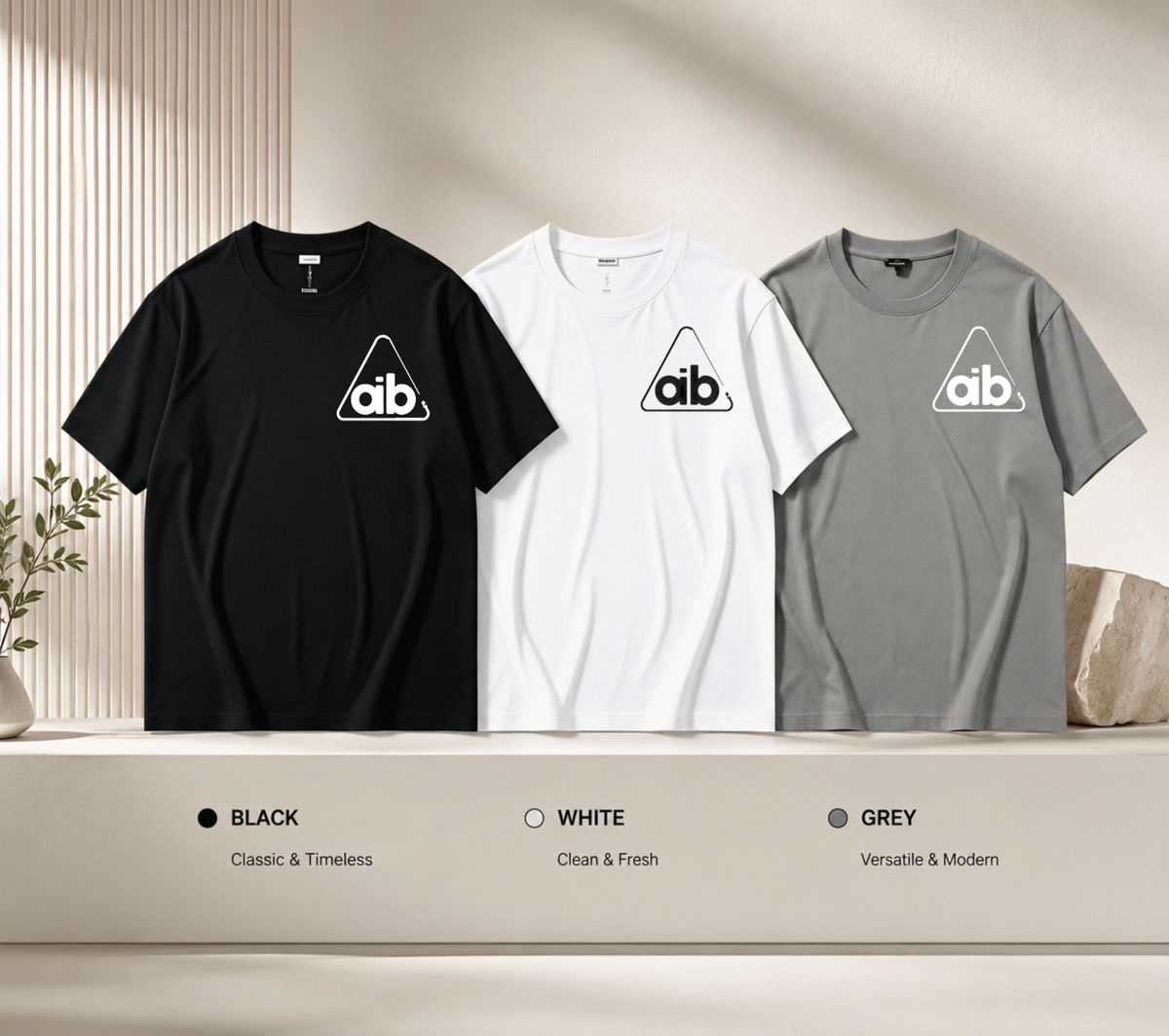 3 Pack Premium Men's Triangle Outline Aib Letter Logo Printed T-Shirt, Pure Cotton Crew Neck Casual Tee Luxury Summer Essential Black White Grey_viptrois.com