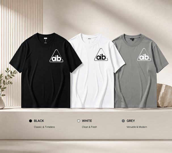 3 Pack Premium Men's Triangle Outline Aib Letter Logo Printed T-Shirt, Pure Cotton Crew Neck Casual Tee Luxury Summer Essential Black White Grey_viptrois.com