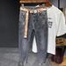 High End Men's Jeans Spring And Autumn New Style All Match Trend Elastic Small Straight Tube Ash Gray Printed Long Trousers Washed Jeans_viptrois.com