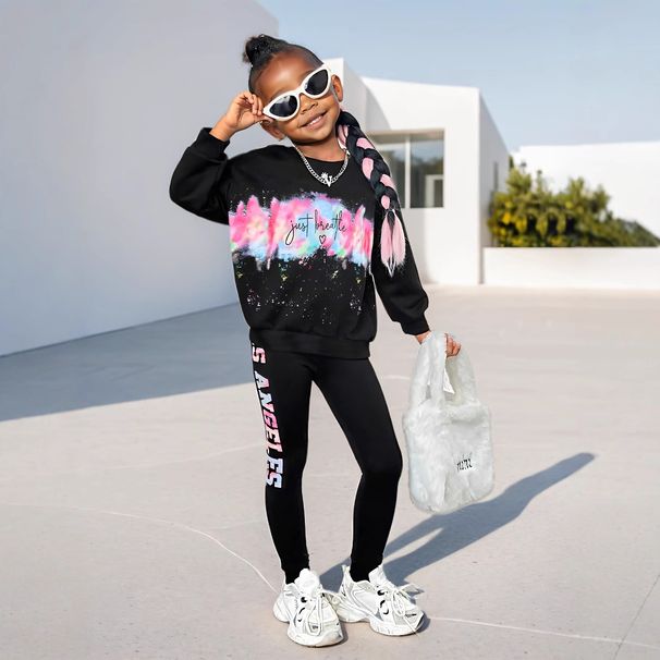 Mother & Kids INS Girls Autumn Suit Tie Dye Pattern Long Sleeved Top Printed Sweater Leggings Two Piece Set_viptrois.com