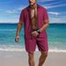 Men's Casual Versatile Lapel Button Down Color Matching Shirt Short Sleeved Shorts Suit_viptrois.com