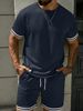 2026 Summer European Men's Solid Color Casual Sport Stripe Round Neck Short Sleeve Shorts Set_viptrois.com