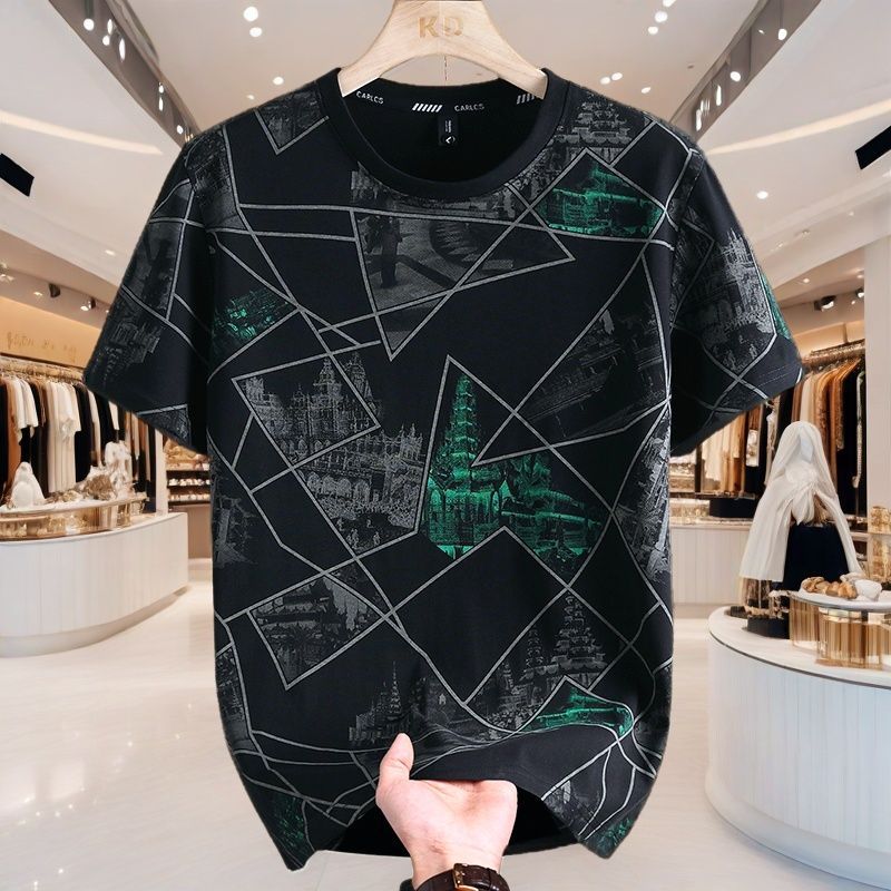 2025 Summer Men's Round Neck New Printed High End Short Enlarged T-shirt Casual Half Sleeve Trend_viptrois.com