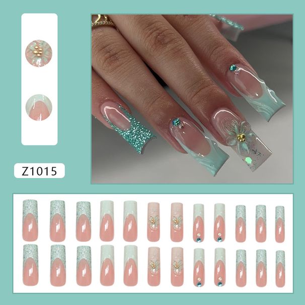 False Nails Fresh Green Three Dimensional Flashing Gold Beads And Small Flowers Sweet Girl Removable Nail Art Pieces Wearable Nails 24 Pieces_viptrois.com