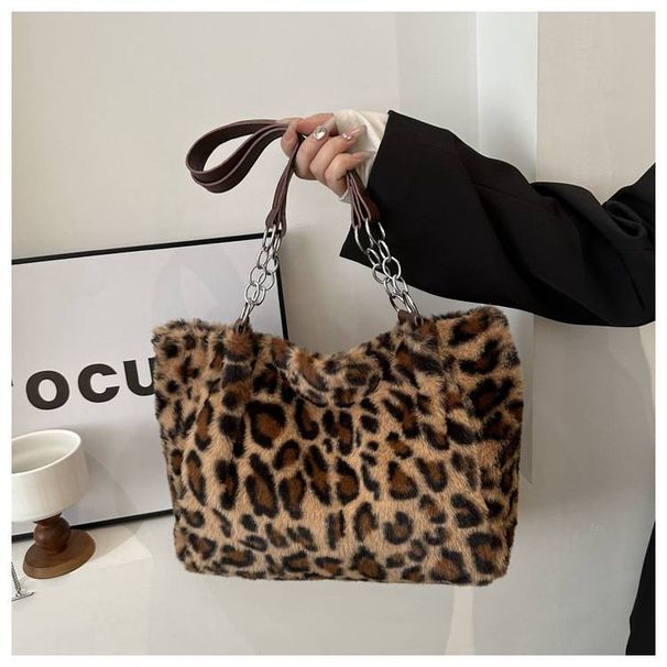 Women's Bags Large Capacity Plush Leopard Print Tote Bag New Temperament Versatile Fur Bag Shoulder Bag Handbag_viptrois.com