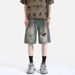 "Men's Vintage Distressed Denim Shorts – Retro High-Waisted Loose Fit (Streetwear, 5-Pocket Design, Breathable Cotton, Urban Casual Style)"_viptrois.com