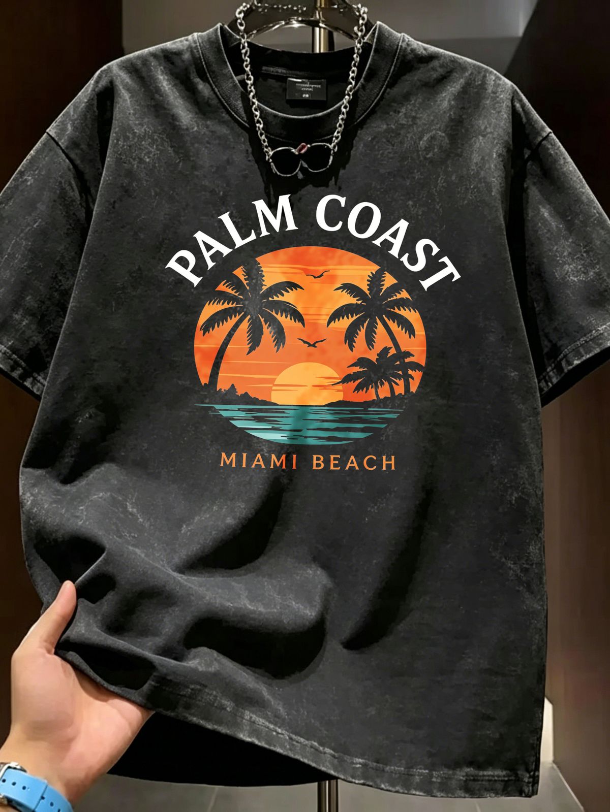 Summer New Washed Short-sleeved T-shirt, Men's Retro Palm Coast Miami Beach Sunset Print Youth Loose Casual Street Tee_viptrois.com