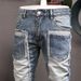 Men's Clothing Slim Fitting Skinny Elastic Long Pants Men's Stitching Hole Patches_viptrois.com