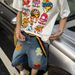 Men's Clothing Creative Fries Towel Embroidered Denim Shorts Men's Summer Retro Wide Leg Straight Loose Trendy Brand Seven Point Pants_viptrois.com