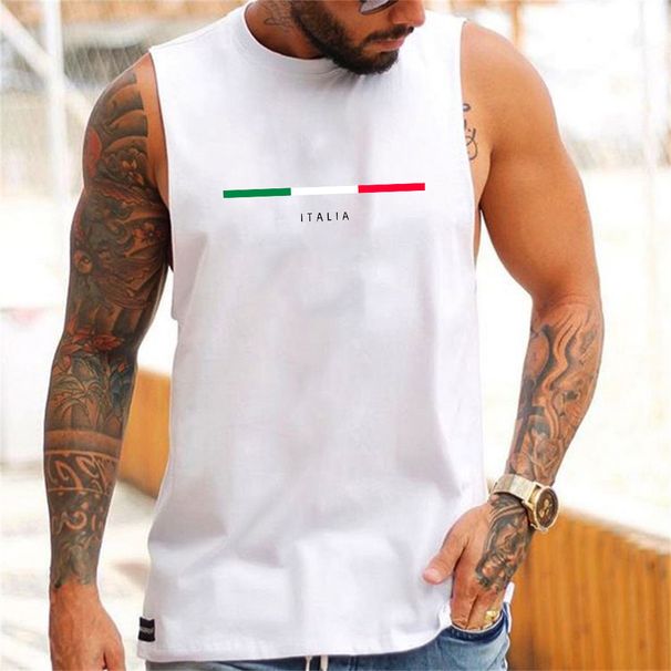 100% Pure Cotton Men's Summer Casual Sports Fitness Loose ITALIA Pattern Printed Breathable Round Neck Sleeveless Vest_viptrois.com