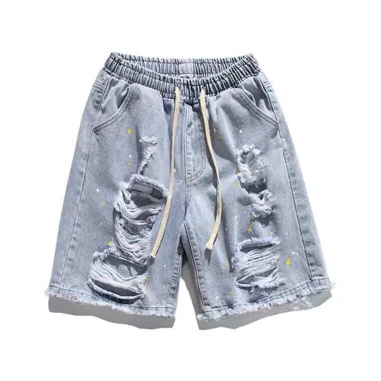 Men's Korean Style Slim Fit Denim Shorts Summer Trendy Ripped Casual Five Point Breeches Trendy Brand Pants_viptrois.com