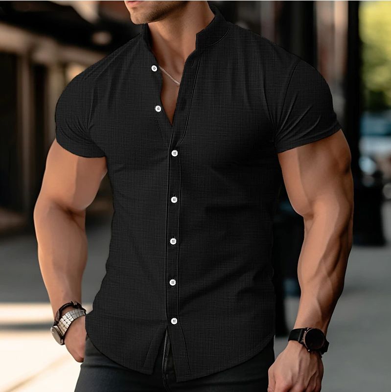 Men's Clothing New Summer European And American Men's Shirt Blue Teenager Home Solid Color Short Sleeved Lapel Shirt Cotton And Linen Top_viptrois.com