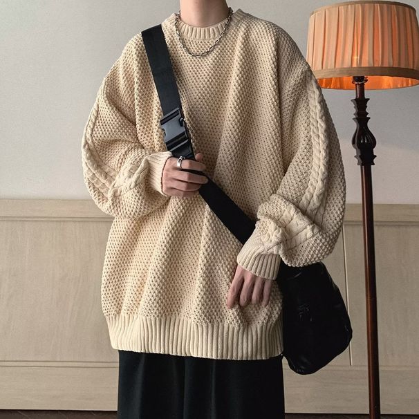 Men's Clothing Sweater - Japanese Style Oversized Pullover, Winter Warm Casual Crewneck Jumper, Soft & Cozy Unisex Knitwear (Red, Blue, Green, Beige)_viptrois.com