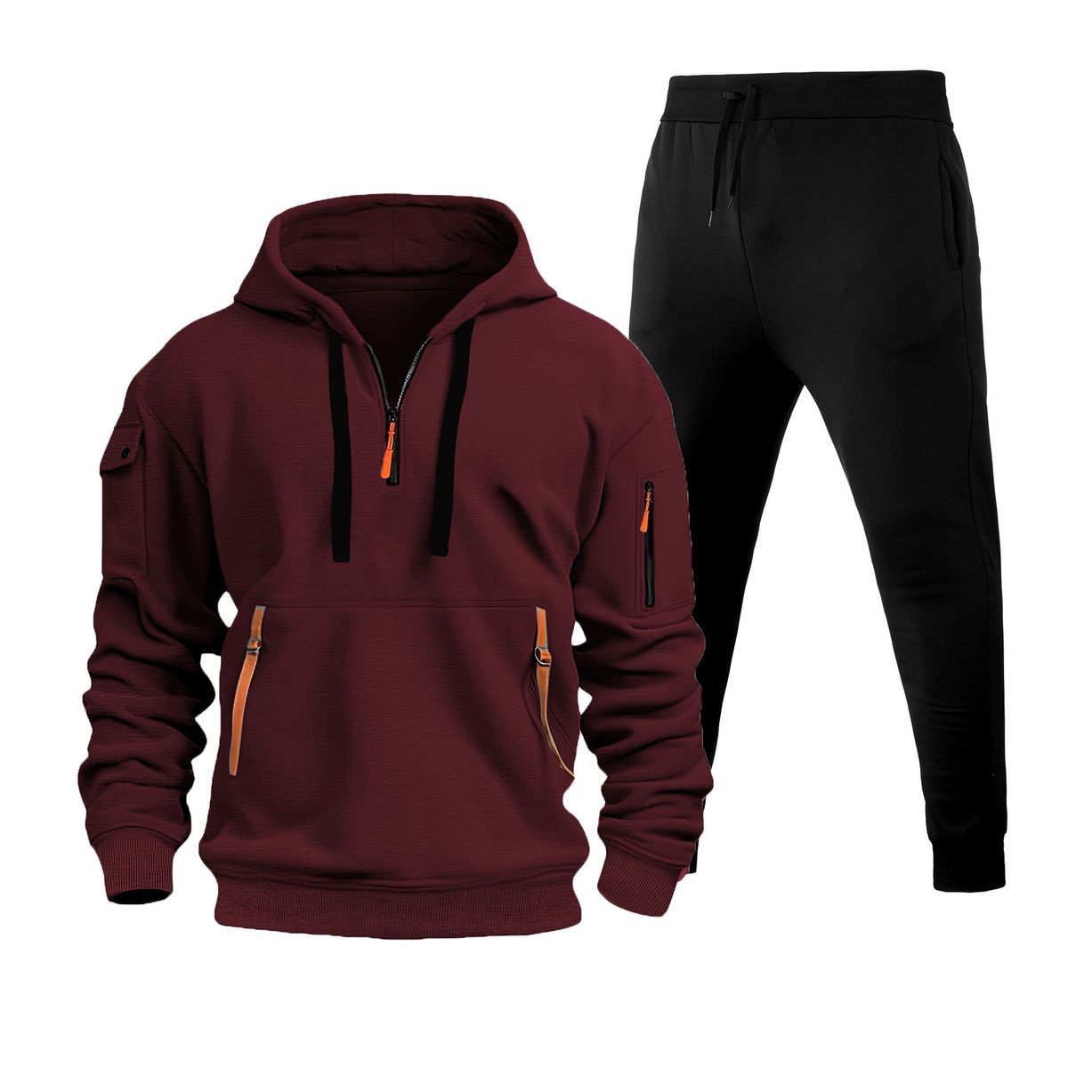 Men's Clothing Spot 220g Multi Zipper Pocket Men's Sports Suit Spring And Autumn Cross Border Plus Velvet Men's Pullover Two Piece Suit_viptrois.com