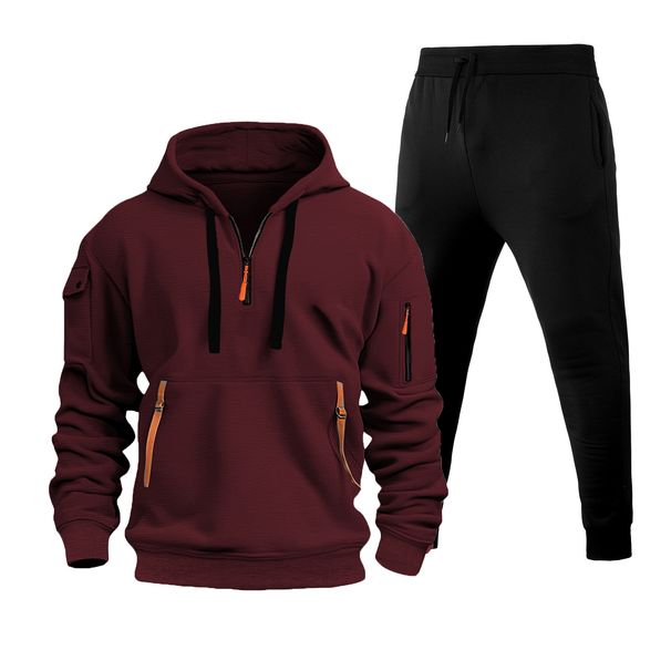 Men's Clothing Spot 220g Multi Zipper Pocket Men's Sports Suit Spring And Autumn Cross Border Plus Velvet Men's Pullover Two Piece Suit_viptrois.com