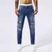 Men's Clothing Patch Rivet Jeans Men's Blue Elastic Small Straight Leg Slim Hole Jeans_viptrois.com