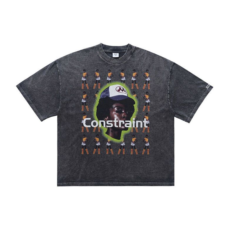 American Style 300g Washed Distressed T-shirt With Lawfoo Trendy Print Design, Short Sleeves_viptrois.com