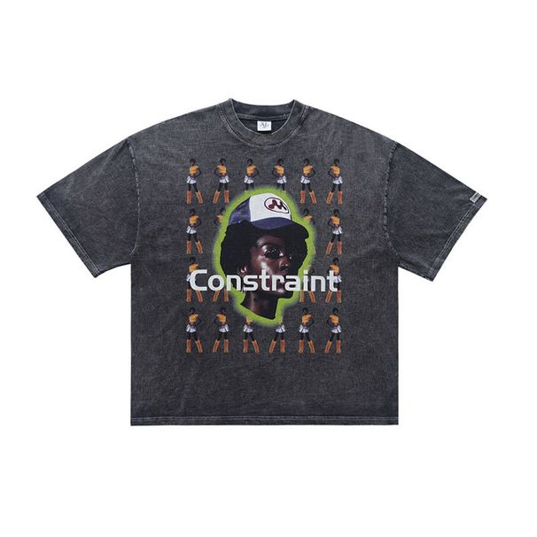 American Style 300g Washed Distressed T-shirt With Lawfoo Trendy Print Design, Short Sleeves_viptrois.com