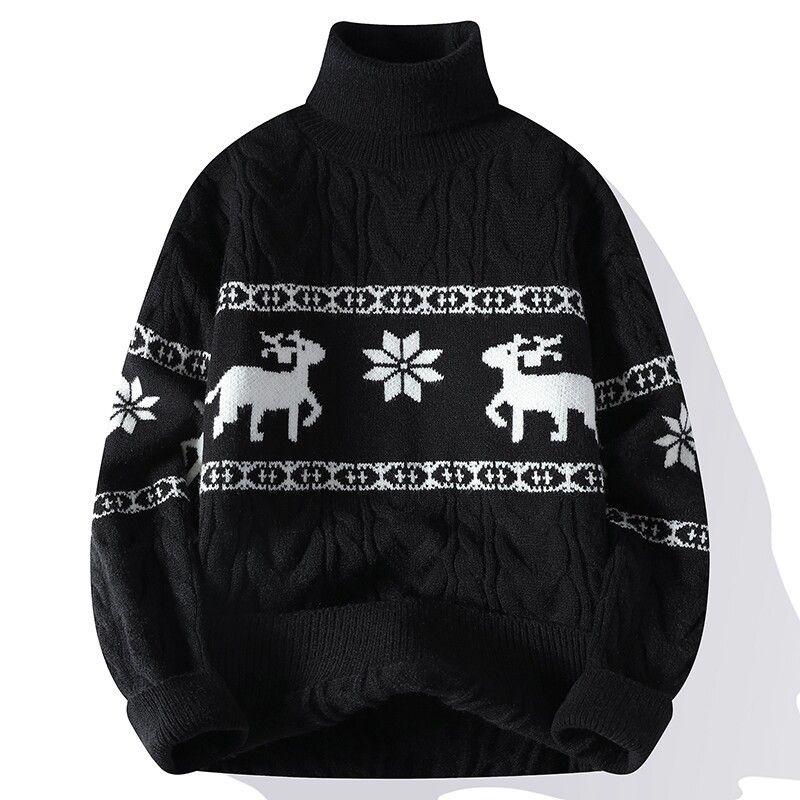 Men’s Winter Knit Sweater With Cartoon Jacquard – High Neck Pullover, Long Sleeve, Thickened Fleece-Lined (M-4XL, 5 Colors, Machine Washable)_viptrois.com