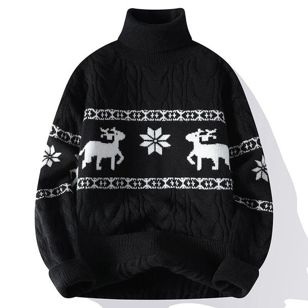 Men’s Winter Knit Sweater With Cartoon Jacquard – High Neck Pullover, Long Sleeve, Thickened Fleece-Lined (M-4XL, 5 Colors, Machine Washable)_viptrois.com