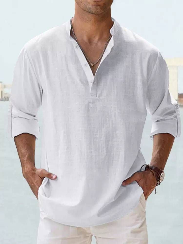2025 Men's Linen Stand Collar Long-sleeved T-shirt, Loose-fitting Undershirt, Pure Color Long-sleeved Shirt_viptrois.com
