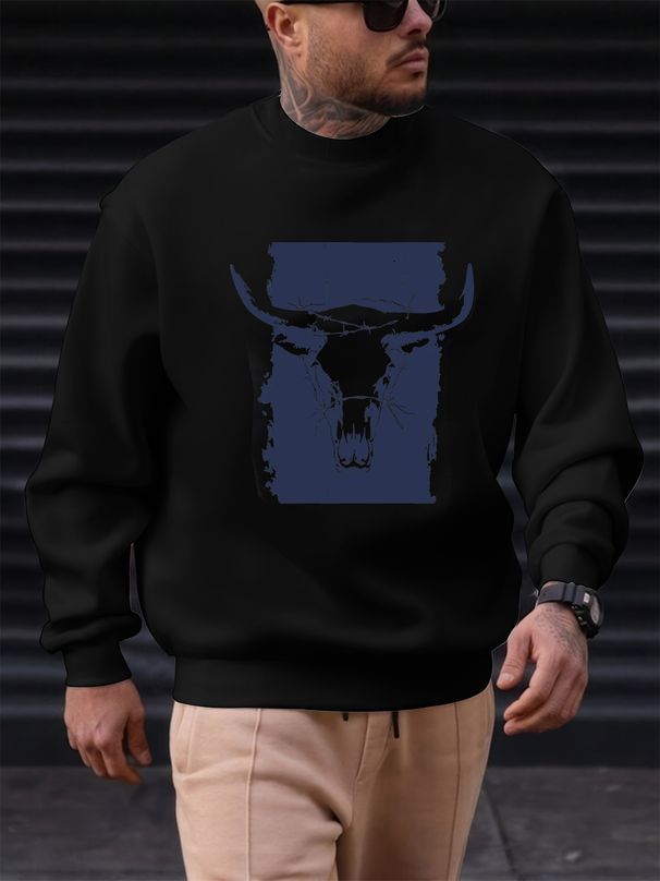 Men's Loose Casual Fashionable Wild Western Bull Head Pattern Printed Round Neck Long Sleeved Sportswear For Autumn And Winter_viptrois.com