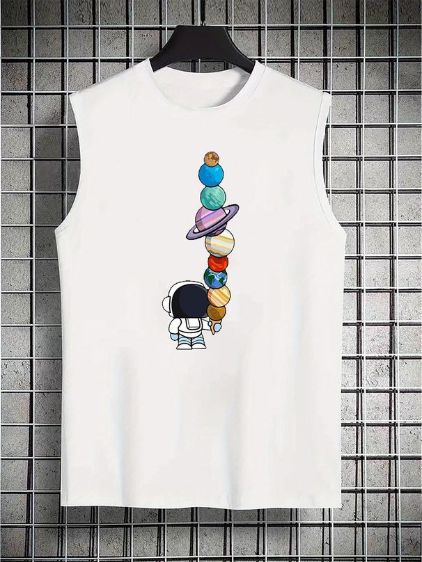 100% Pure Cotton Men's Summer Leisure Sports Fitness Loose Astronaut Planet Pattern Printed Breathable Round Neck Sleeveless Vest_viptrois.com