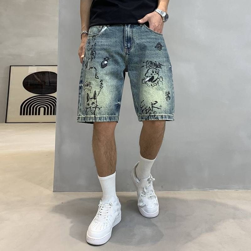 Men's Clothing Personalized Printed Denim 5 Point Pants New Summer Retro Hand Painted Graffiti Denim 5 Point Pants Street Casual Shorts_viptrois.com