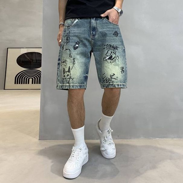 Men's Clothing Personalized Printed Denim 5 Point Pants New Summer Retro Hand Painted Graffiti Denim 5 Point Pants Street Casual Shorts_viptrois.com