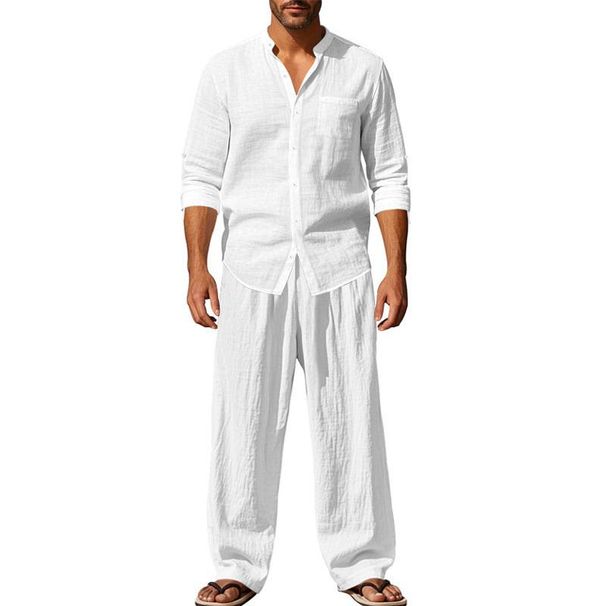 2025 Four Seasons Linen Men's Casual Set Loose Long-sleeved Long Pants Shirt Set For Men_viptrois.com