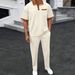 Men's Clothing Waffle Lapel Color Matching Short Sleeved Trousers Two Piece Casual Suit_viptrois.com