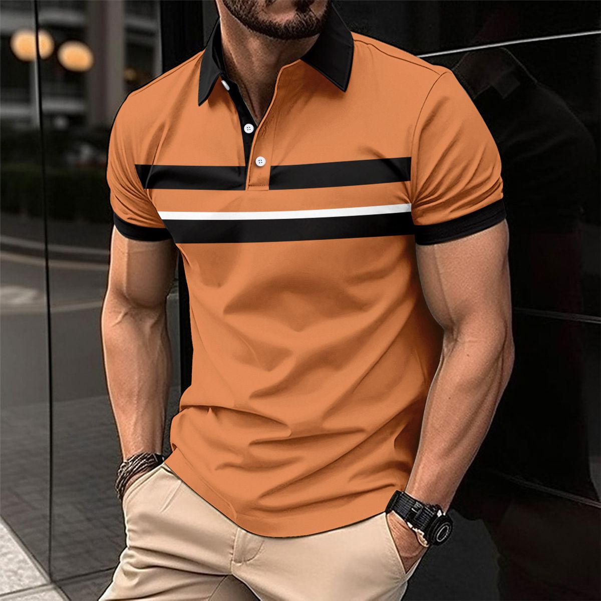 Male Golf Stripe Polo Men's Casual Short-Sleeved Polo Shirt Solid Color Lapel Fashion New Business Sports Breathable T-Shirt Top_viptrois.com