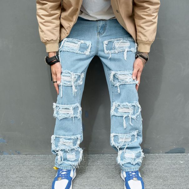 foreign Trade Men's Bionic Jeans, Solid Color, Fit, Skinny, Stretchy, Ripped, Distressed, Slim Fit Long Pants_viptrois.com