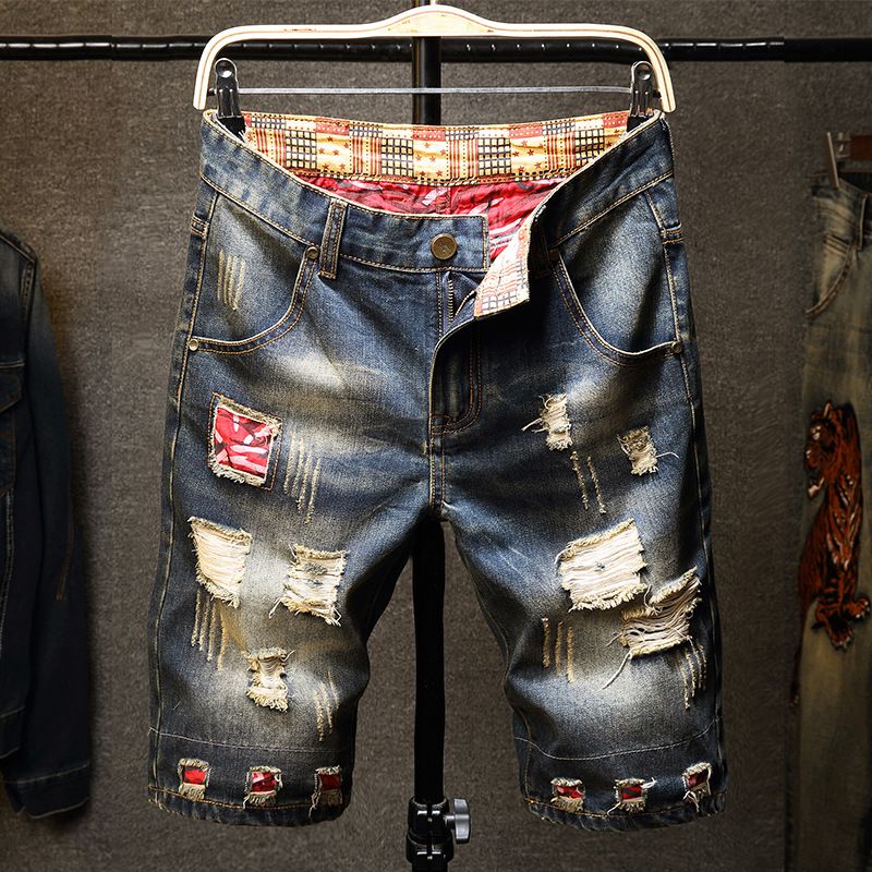 Men's Summer Hand Painted Distressed Ripped Denim Shorts Capri Pants Export Bulk Goods in Stock Direct Supply_viptrois.com