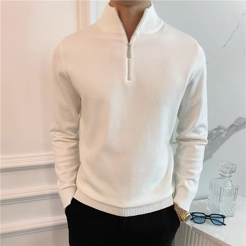 New Half Zipper Long Sleeve Knitted Sweater For Men, Slim Fit Solid Color Bottom Shirt_viptrois.com