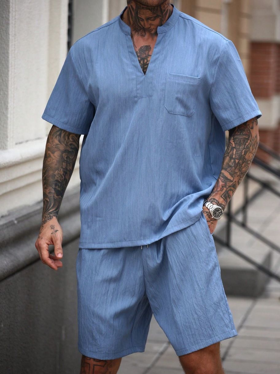 Men's Clothing V Neck Men's Summer Fashion Short Sleeved Henry Style American Tough Solid Color T Shirt Slim Suit_viptrois.com