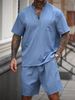 Men's Clothing V Neck Men's Summer Fashion Short Sleeved Henry Style American Tough Solid Color T Shirt Slim Suit_viptrois.com