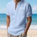 Cross-border Independent Station New American Linen Men's T-shirt Casual Fit Stand-up Collar Commuter Tooling Short-sleeved Henry Shirt_viptrois.com