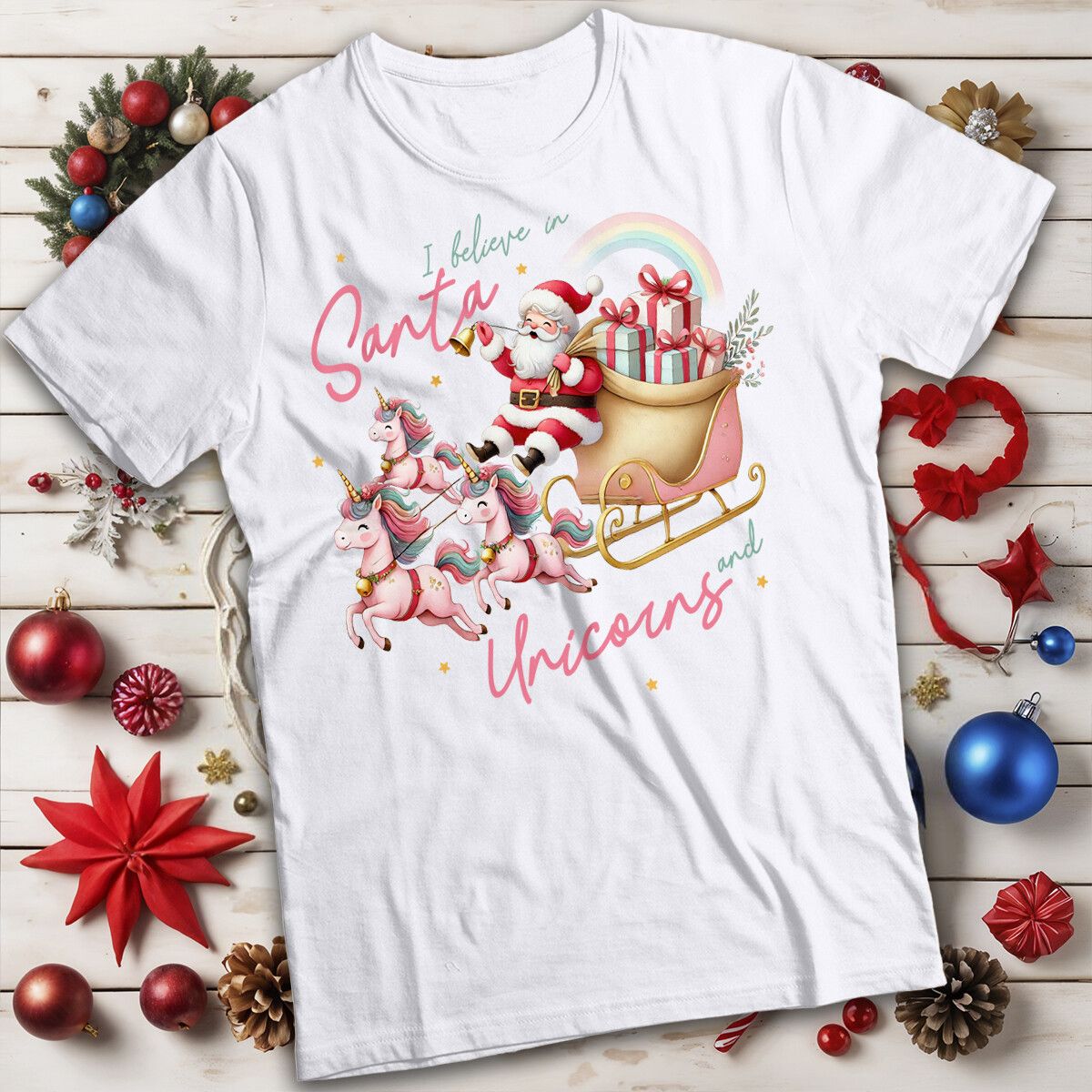 Funny Mens And Womens Santa And Unicorns Christmas T-Shirt Mens Womens Tees Top Tee #MC_viptrois.com