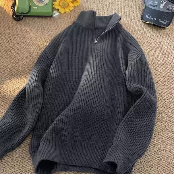 Half-Zip High Neck Sweater Solid Color Versatile Knitted Top Casual Lazy Base Shirt Knitwear Men's Style_viptrois.com