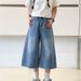 Unisex Vintage Washed Denim Wide-Leg Cropped Pants Summer Flowy Relaxed Fit Mid-Calf Cargo Shorts for Men And Women_viptrois.com